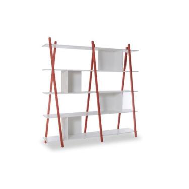 Imagem de Estante Para Livros Branca 5 Prateleiras Com Pés De Madeira Cor Vermel