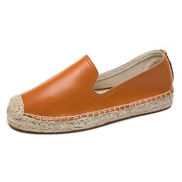 Imagem de U-lite Mocassim feminino de couro com bico redondo clássico sem cadarço e alpargatas simples, Marrom, 10