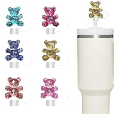 Imagem de Tampa de palha, 6 peças de topo de palha de urso com glitter para copo Stanley, compatível com copos de 850 g e 1,134 g, acessórios de silicone reutilizáveis de 10 mm, presentes ideais para amigos