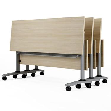 Imagem de LILINWAN Mesa de treinamento móvel flip top com modéstia, mesa de treinamento retangular moderna para seminário, mesa dobrável para sala de reuniões (madeira 180 x 60 x 75 cm) (madeira 120 x 40 x 75