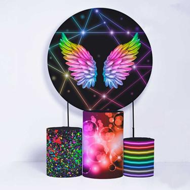 Imagem de Kit Painel de Festa Redondo de 1,80m e Trio de Cilindros Asas de Neon - Fera Print