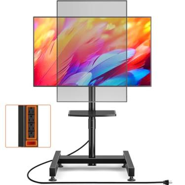 Imagem de TVON Suporte de TV com suporte com tomada elétrica para a maioria das TVs/telas de 13 a 50 polegadas de até 25 kg, suporte de chão de TV ajustável em altura com inclinação e rotação, retrato para