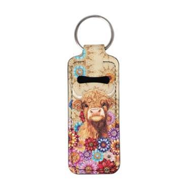 Imagem de Bulopur Highland Cow Porta-chapstick chaveiro hippie floral protetor labial chaveiro elástico portátil capa protetora capas presentes para mulheres femininas