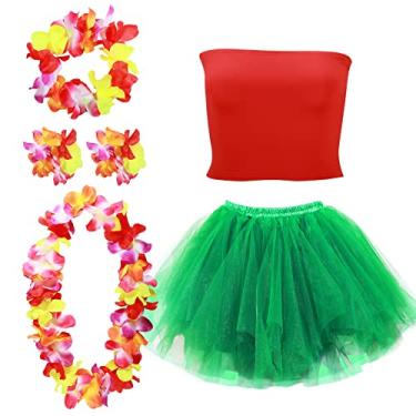 Imagem de Yahenda 6 Pcs Hawaiian Woman Costume Hula Skirt with Crop Top Flower Necklace and Leis Outfits for Summer Luau Party (Tutu, Large)