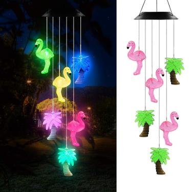 Imagem de ACELIST Mudança de Cor Solar, Plásticos, Campainha de Vento de Árvore de Flamingo, Luz LED Moblie Moblie Giratória Espiral Carrilhão Portátil para Pátio, Deque, Jardim, Casa,