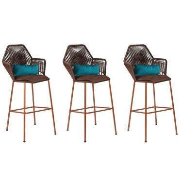 Imagem de Kit 03 Banqueta Alta Com Encosto Sttar Ferro Bronze Fibra Marrom Almofada Suede Azul Turquesa