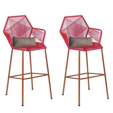 Imagem de Kit 02 Banqueta Alta Sttar Ferro Bronze Fibra Vermelho Almofada Sintético Bege - Amey Decor