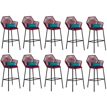 Imagem de Kit 10 Banqueta Alta Com Encosto Sttar Ferro Preto Fibra Marsala Almofada Suede Azul Turquesa