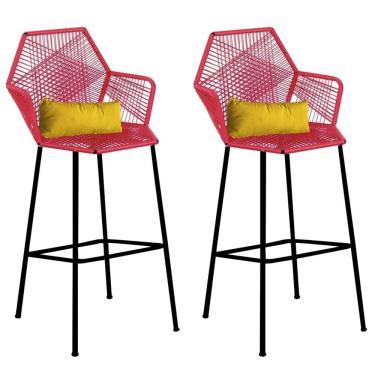 Imagem de Kit 02 Banqueta Alta Sttar Ferro Preto Fibra Vermelho Almofada Amarelo - Amey Decor