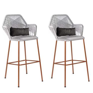 Imagem de Kit 02 Banqueta Alta Sttar Ferro Bronze Fibra Cinza Almofada Cinza