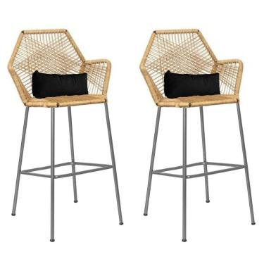 Imagem de Kit 02 Banqueta Alta Sttar Ferro Prata Fibra Palha Almofada Corino Preto - Amey Decor