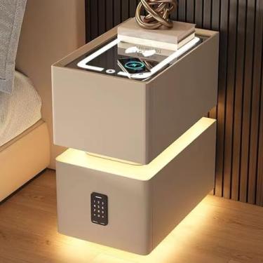 Imagem de Mesa de cabeceira estreita e inteligente com carregamento sem fio, fechadura com senha, alto-falante embutido, luz LED de três cores ajustável, mesa de cabeceira pequena e moderna com luz de sensor