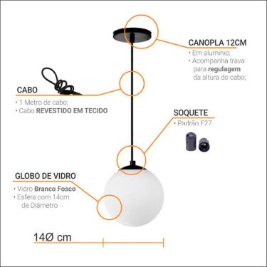 Imagem de Pendente Globo Esfera De Vidro Branco Fosco 14cm - Preto