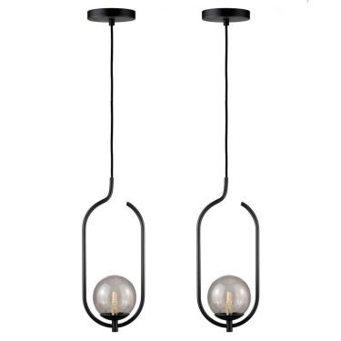 Imagem de Kit 2 Pendentes Lustres On Clip Preto Globo De Vidro Fume