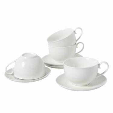 Imagem de MVYAVYUS Conjunto de copos de cappuccino de cerâmica de 293 ml com pires, conjuntos de xícaras de café expresso branco de porcelana para chá, último, mocha, cacau, lavável na lava-louças, presente