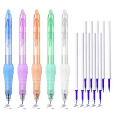 Imagem de BAYTORY 5 canetas de gel apagáveis, caneta apagável de tinta azul de 0,5 mm de ponta fina com 10 recargas, canetas de escrita com aderência confortável com borrachas, para escritório, escola e
