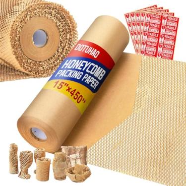 Imagem de DOTUHAO Papel De Embalagem Honeycomb, 15" X 450", Para Transporte Suprimentos Recicláveis, Rolo Proteção Com Plástico Bolha, 36 Etiquetas Adesivas Frágeis (15" 450")