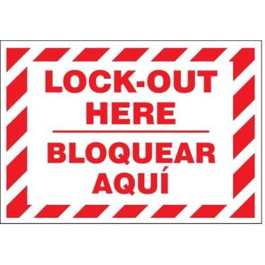 Imagem de Accuform Signs SBLSPS509VSP Etiqueta de segurança de vinil bilíngue espanhol, legend"Lock-Out HERE/BLOQUEAR AQUI" com flecha, 8,9 cm de comprimento x 12,7 cm de largura x 0 cm de espessura, vermelho sobre branco (pacote com 5)