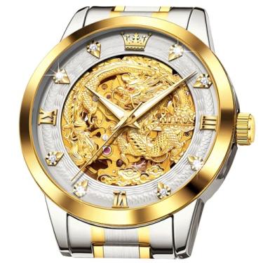 Imagem de OLEVS Relógio masculino Dragon Skeleton automático de 42 mm, mostrador grande, dourado, com corda automática, diamante, à prova d'água, aço inoxidável, turbilhão, mecânico, turbilhão, Prata - ouro