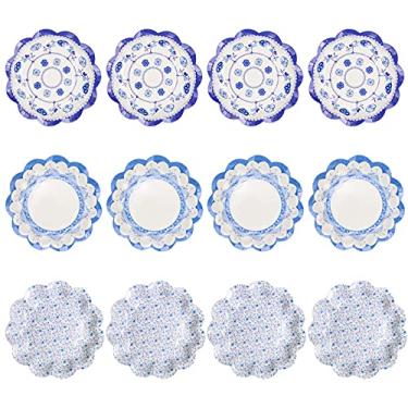 Imagem de CheeseandU 12 pacotes de pratos de papel de porcelana azul e branco estilo chinês 18 cm 3 design floral vintage descartável prato de festa prato de renda de casamento pratos de jantar festivos pacote de chá