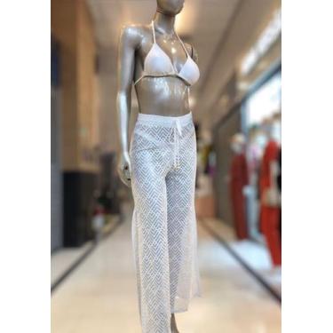 Imagem de Calça de praia de renda desenhada BRANCA - Q onda azul