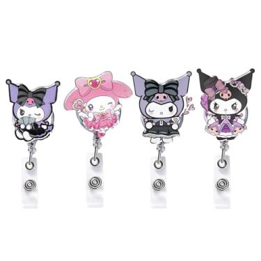 Imagem de 4 peças de porta-crachás retráteis de desenhos animados fofos – porta-crachás de identificação com clipe com chaveiro e extensão de cabo de 61 cm – Carretéis divertidos de crachá de enfermeira e