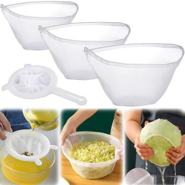 Imagem de 3 Panos de queijo para coar, pano de queijo reutilizável para coar, saco de apertar de enchimento de queijo, saco de filtro de pano de leite de nozes de nylon em forma de tigela com coador de malha