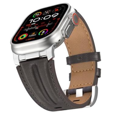 Imagem de Bouixel Pulseira de couro genuíno de grão superior compatível com Apple Watch Ultra 3 de 49 mm, 46 mm, 45 mm, 44 mm e 42 mm, pulseira de metal resistente para Apple Watch Ultra 2/1 séries 11 10 9 8 7