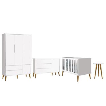 Imagem de Dormitório Infantil Theo Retrô 3 Portas, Cômoda 1 Porta, Berço e Mesa de Apoio com Pés Amadeirado - Reller Móveis Branco Fosco