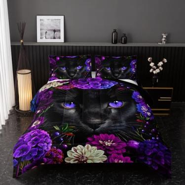 Imagem de Nttopship Jogo de cama casal com desenho animado de gato, floral, preto, 3 peças, para adolescentes, meninos, meninas, adultos, animais, decoração de quarto, conjunto de edredom com 2 fronhas