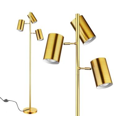 Imagem de Candeeiro de piso de árvore com 3 lâmpadas, luminária dourada com 3 luzes giratórias ajustáveis, luminária de chão de fazenda para sala de estar quarto escritório, lâmpada de pé vintage 9W E26
