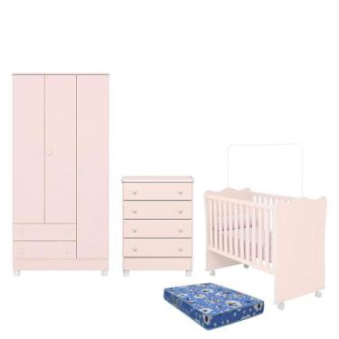 Imagem de Dormitório Doce Sonho 3 Portas, Cômoda 4 Gavetas, Berço com Rodízio e 