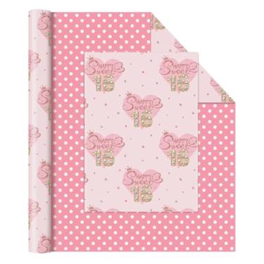 Imagem de WERNNSAI Papel de embrulho de aniversário de 16 anos - 1 rolo de 43 cm x 10 m rosa amor coração papel de embrulho para presente de aniversário de 16 anos