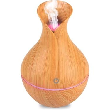 Imagem de Umidificador De Ar 130ML Ultrassônico Na Cor Madeira Clara Com 7 Opções De Cores Led Portátil Aromatizador De Ar E Difusor De Aromas Elétrico Tipo Abajur Silencioso E Sofisticado