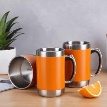 Imagem de Caneca Térmica Parede Dupla em Aço Inox Laranja 350ml com Canudo - Estilo Premium