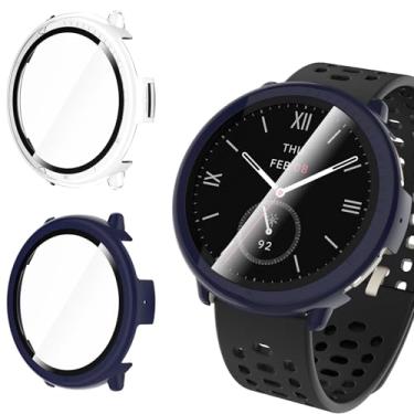 Imagem de WD&CD Pacote com 2 capas compatíveis com Amazfit Active 2 azul + transparente, capa rígida de PC com protetor de tela de vidro temperado compatível com Amazfit Active 2 Smart Watch de 44 mm