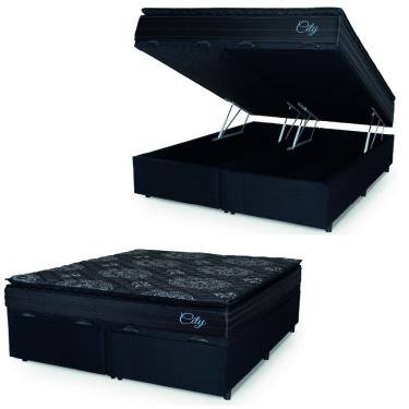 Imagem de Cama Box Baú Casal Queen Colchão Com Molas Ensacadas City Pillow Top 158x198x64cm Preto Hellen