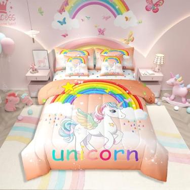 Imagem de Erosebridal Conjunto de edredom solteiro, tamanho solteiro, arco-íris, unicórnio, com lençol de cima e lençol com elástico para crianças, adolescentes e adultos, jogo de cama floral ombré laranja com
