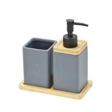 Imagem de Kit Lavabo Cinza em Cerâmica e Bambu - 3 Peças