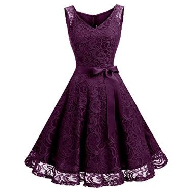 Imagem de Dressystar Vestido de festa de dama de honra de renda floral feminino curto gola V, A- Uva, P