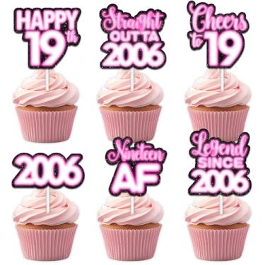 Imagem de 18 peças de topper de cupcake de sobremesa com glitter rosa para Straight Outta 2006 Legend Since 2006 suprimentos de decoração temática homens felizes decorações de festa de aniversário de 19 anos