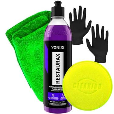 Imagem de Kit Automotiva Restaurax Restaurador De Plásticos Acessórios Toalha Aplicador Par De Luva Nitrílica Karbox