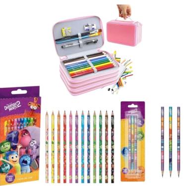 Imagem de Estojo Escolar Grande Com 4 Compartimento Estojo Para Lápis De Cor Canetas Apontador Com Lápis de Cor + Lápis Grafite Rosa