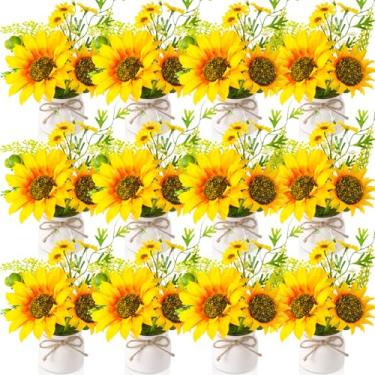 Imagem de Zeyune 12 peças de girassóis artificiais em vasos de plantas de seda rústica para cozinha, centro de mesa de girassol de primavera para mesas, flor falsa amarela com vaso de plástico para verão