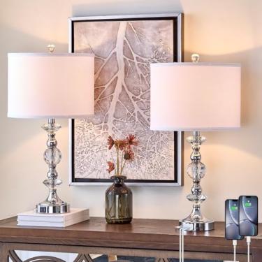 Imagem de HIGHTRY Conjunto de 2 candeeiros de mesa de cristal de 65 cm para sala de estar, luminárias modernas de cabeceira com portas de carregamento USB A+C com sombra branca, luminária de quarto de níquel