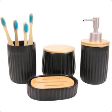 Imagem de Conjunto 4 Peças para Banheiro Porta Sabonete Líquido, Porta Escovas, Porta Algodão Cotonete e Saboneteira de Cerâmica Canelado Preto