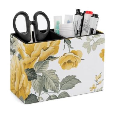Imagem de Porta-lápis de couro, caneta, copo, organizador de mesa, flores amarelas e brancas, decoração de escritório, acessórios para casa