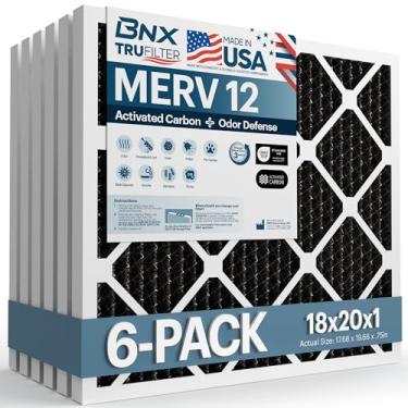 Imagem de BNX Filtro de ar TruFilter para forno CA 18 x 20 x 1 MERV 12 (pacote com 6) com carvão ativado – Feito nos EUA – Filtros plissados de ar condicionado HVAC AC – Remove odor, mofo, bactérias, fumaça