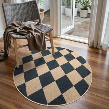 Imagem de Lahome Tapete redondo quadriculado de 0,91 m, tapete redondo para entrada ao ar livre lavável tapete de juta fácil, tapetes redondos antiderrapantes para quarto varanda e sala de estar
