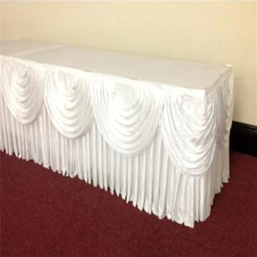 Imagem de Saia de mesa de seda prateada de 3 metros, inclui cortina, toalha de mesa para banquete, saia para festa de casamento, decoração para eventos, branca, 6,4 metros, 6,3 m de comprimento